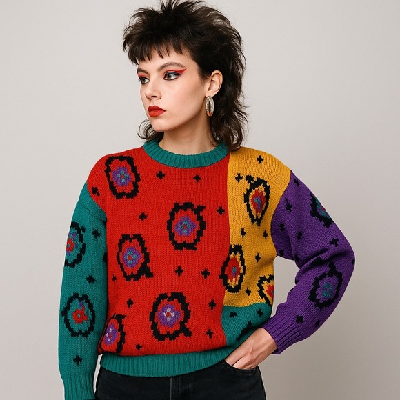 Vintage Sweaters - Vintage Fabriano Colorblock‎ Floral Sweater 90s Bold Geometric Knit Unisex
